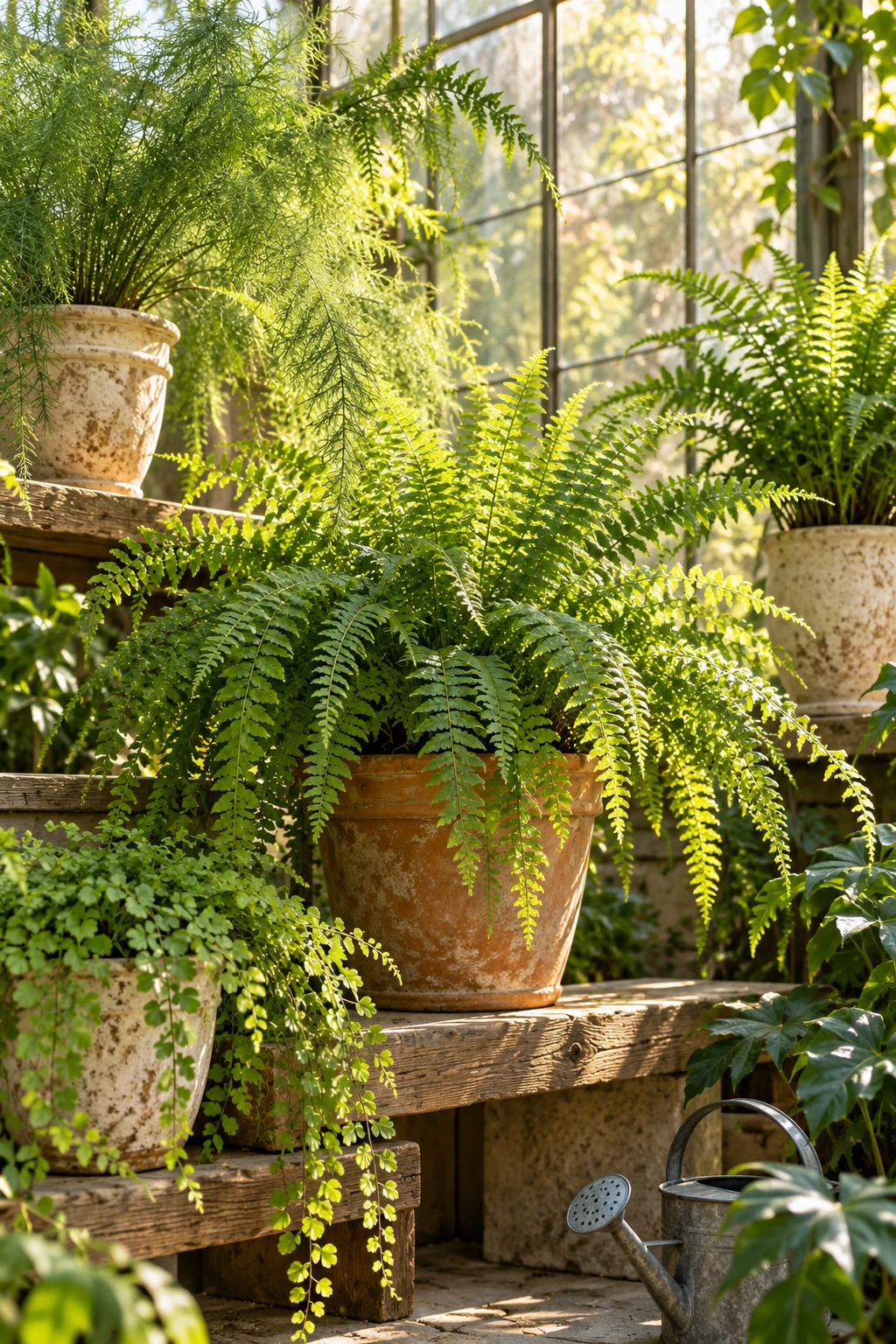 木の棚に並ぶシダや繊細な葉の植物を、午後の光が照らす風景