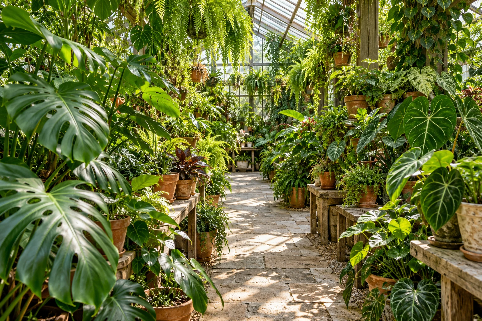 木漏れ日が差し込む温室に、さまざまな植物が並ぶ風景
